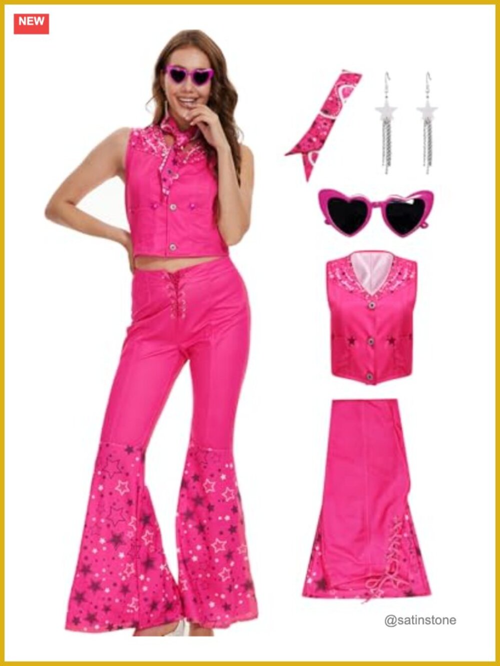 Poboola Women's 70s 80s Disco Cowgirl Costume Flared Pants Vest Scarf Set